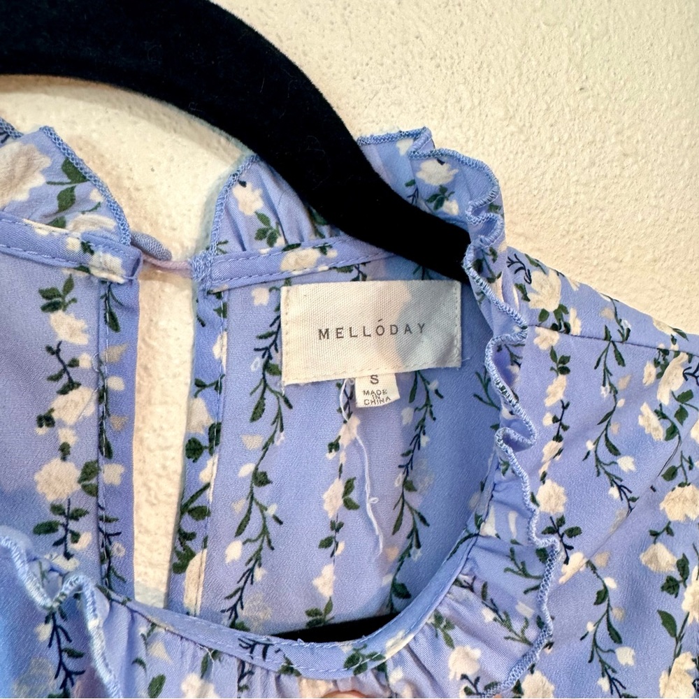 Melloday Floral Tiered Midi Dress – Ruffle Neck, Size Small, Blue Sleeveless - Picture 4 of 8